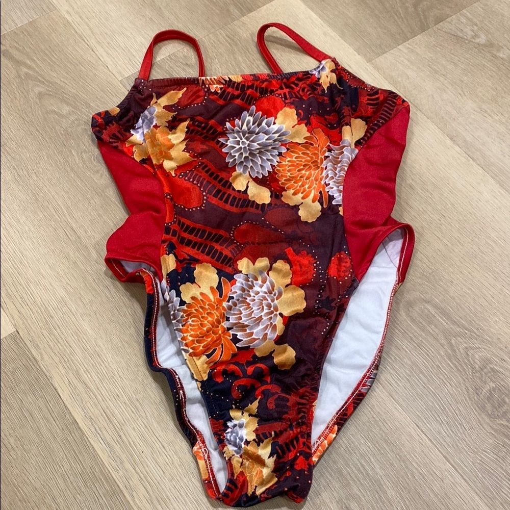 Vintage UjENA Red and Orange One Piece Swimsuit Vibrant Floral Design